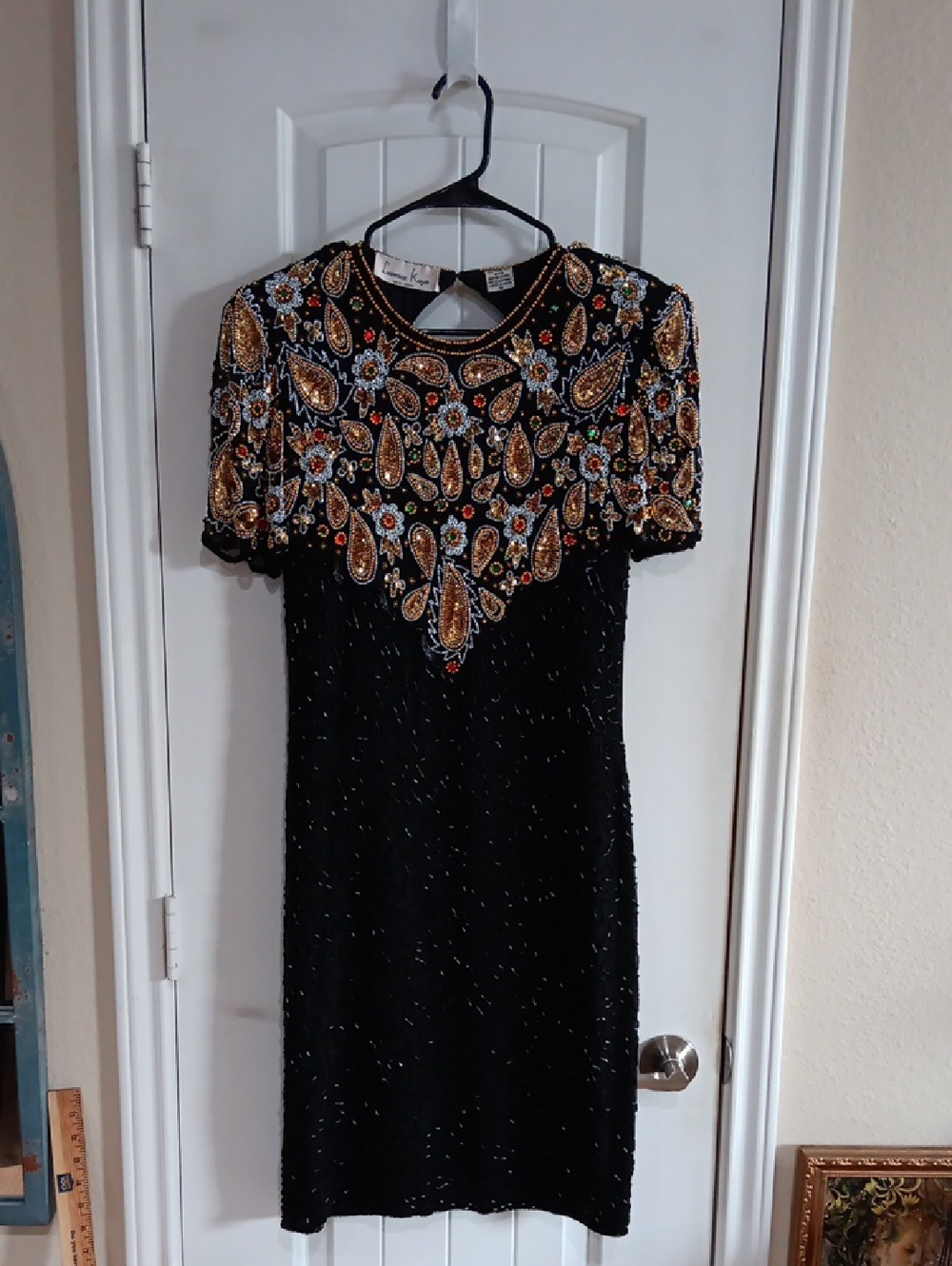 Vintage Laurence Kazar 100% Silk Heavily Beaded Sequin Evening Cocktail Dress M